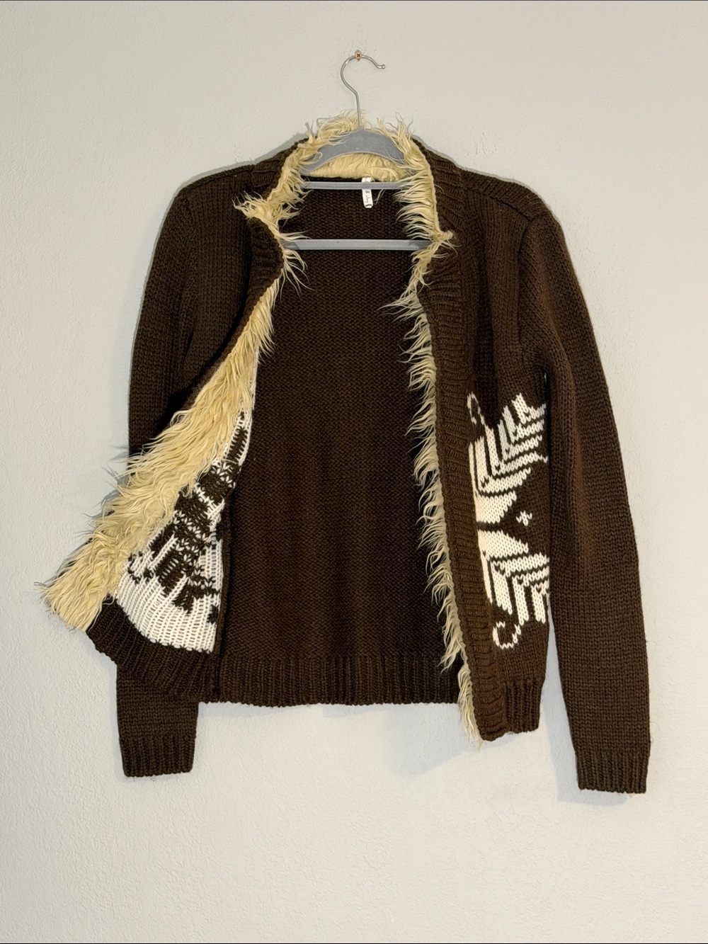 Willow & Clay Brown Open Front Sweater Cardigan w/ Faux Fur Trim in Small - Picture 3 of 5